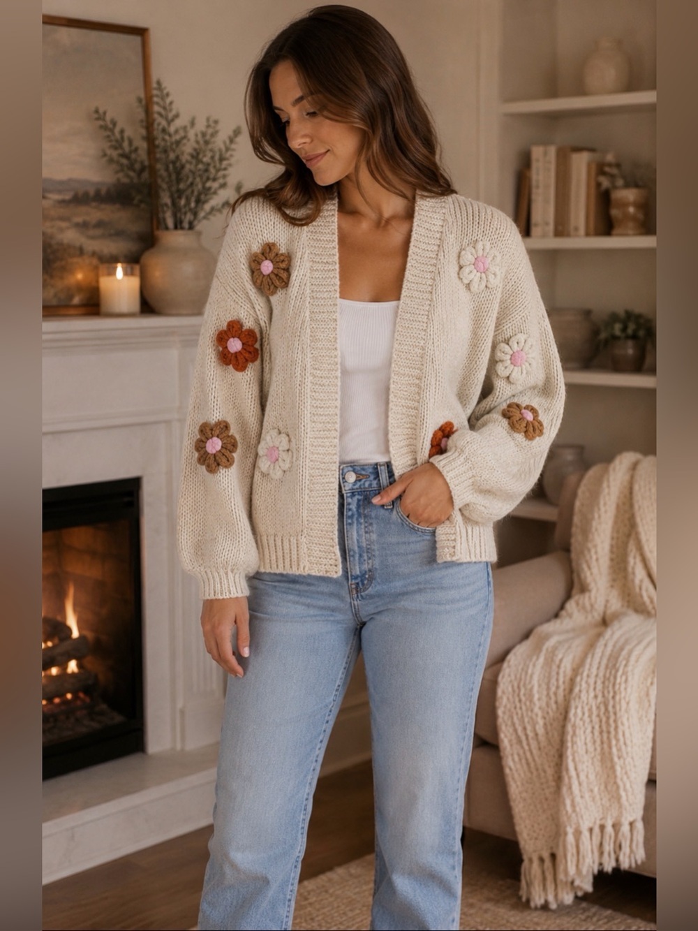 Vici Cream Cardigan with Orange and Pink Floral Details